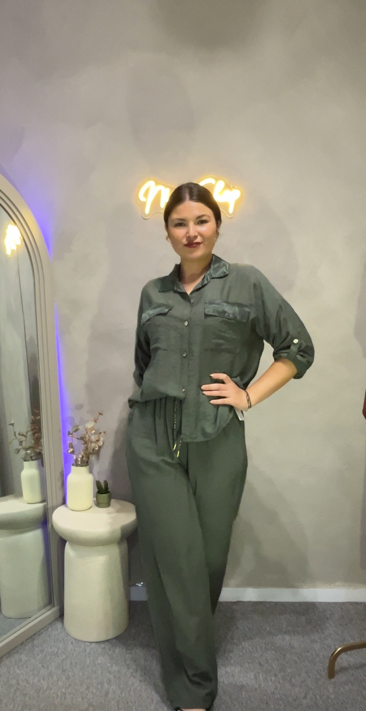 Conjunto camisa y pantalón fluído verde - Imagen 2