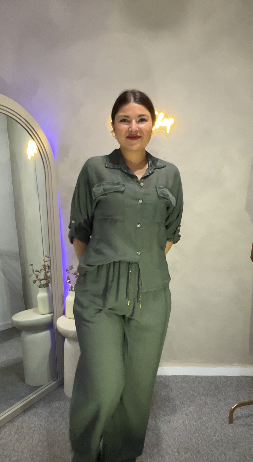 Conjunto camisa y pantalón fluído verde - Imagen 4